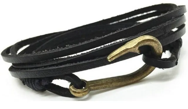 Leather Fishing Hook Wristband Wrist Strap Band Bracelet Brown Black Fish A66 Uk