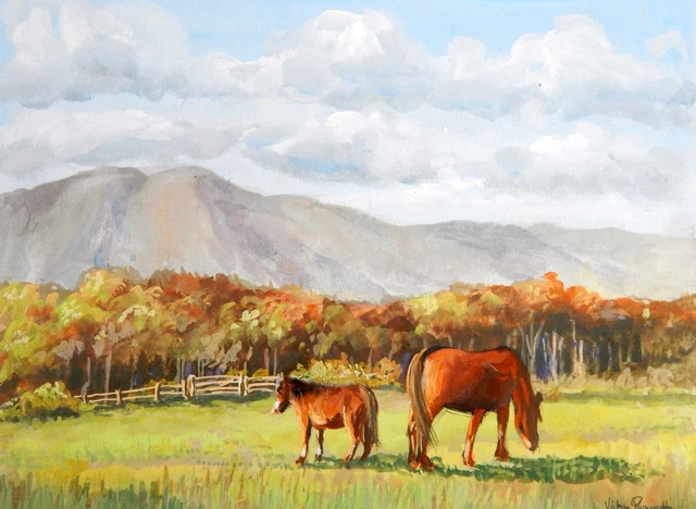 Vintage Painting Scotland Pony Trekking Scottish Highlands Horses V. Papworth