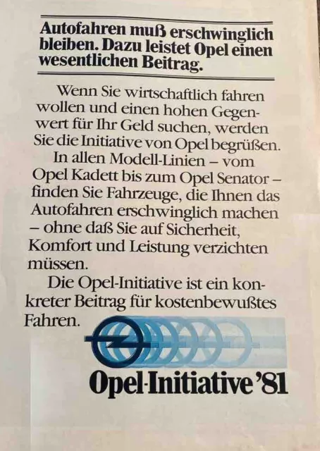 Werbung Opel Initiative 1981 Original Autofahren Muss Erschwinglich Bleiben