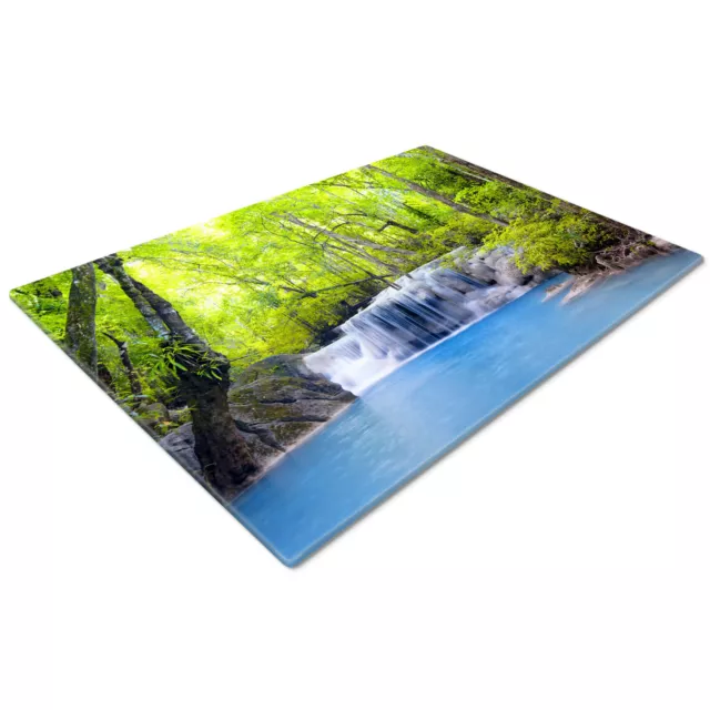 Glass Chopping Cutting Board Work Top Saver Large Blue Green Forest Waterfall
