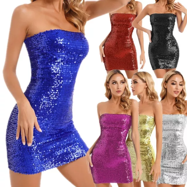 iEFiEL Women Glitter Sequins Tube Dress Bodycon Mini Pencil Dress Party Dress
