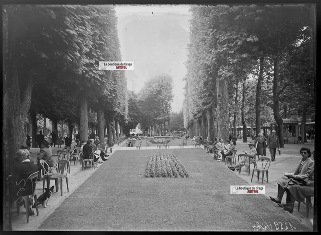 Vichy parc public, Plaque de verre photo ancienne négatif noir et blanc 13x18 cm - Collection
