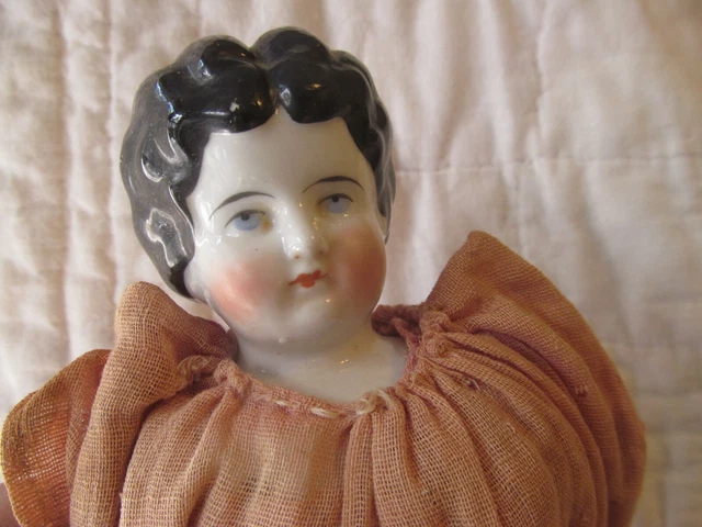 Germany Antique China Head Doll Low Brow Black Hair ~As Is Cloth Body 14"