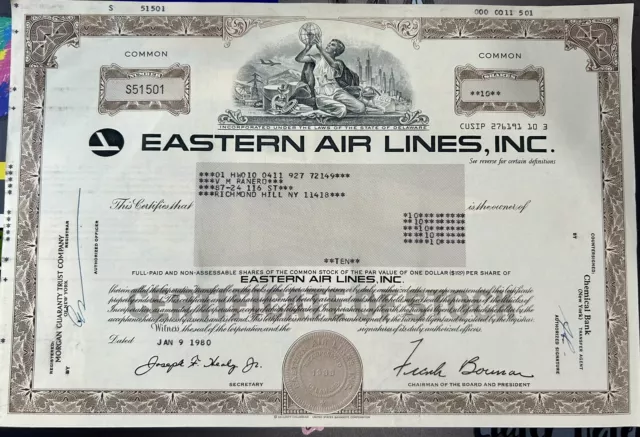 Vintage Stock Certificate: Eastern Air Lines, Inc Airline Aviation 1980