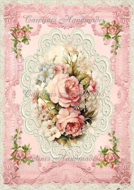 Victorian Pink Roses & Lace Designer Cotton Fabric Quilt Block Multi-size