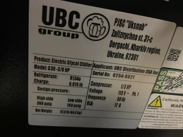 UBC group Electric Glycol beer chiller G30-3/8HP
