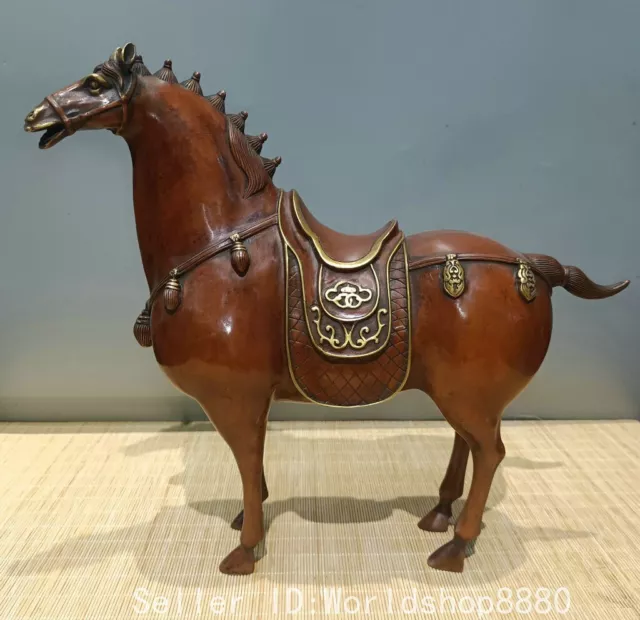 12.8" Old China Xuande Marked Purple Bronze Gilt Fengshui 12 Zodiac Horse Statue