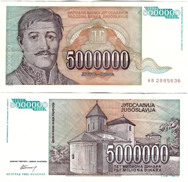 Jugoslawien Banknote 5 Mio. Dinara 1993  Belgrad Narodna Banka Jugoslavije P-132