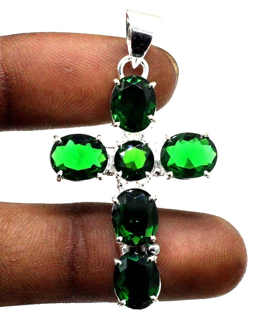 925 Sterling Silver Chrome Diopside Gemstone Handmade Jewelry Pendant Size-2"