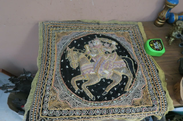 Vintage Kalaga Tapestry Burmese Thai Goddess On Horse Beaded Sequined 20"