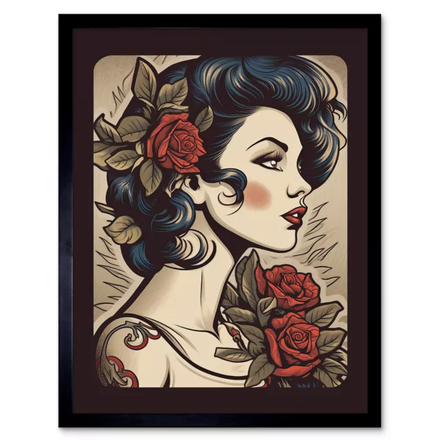 Pin Up Girl Tattoo Body Art Floral Retro Rockabilly 50s Framed 12x16 Art Print