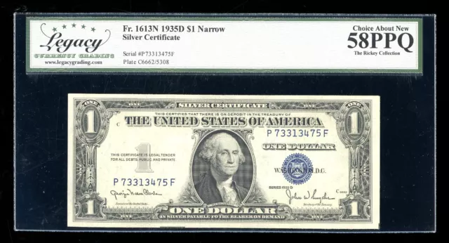 DBR 1935-D $1 Silver Fr. 1613N Narrow PF Block Legacy 58 PPQ Serial P73313475F