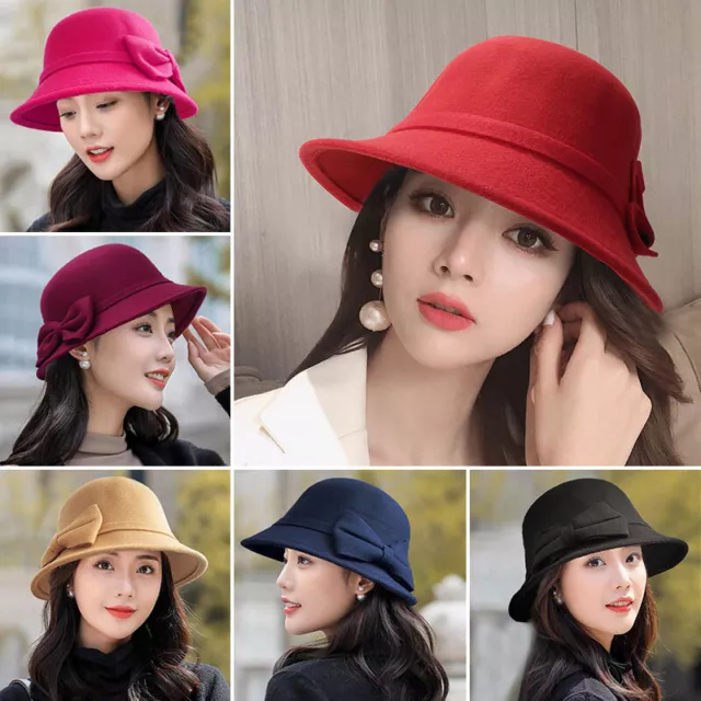 Women Elegant Retro Wool Felt Bucket Cap Ladies Flower Cloche Church Bowler Hat