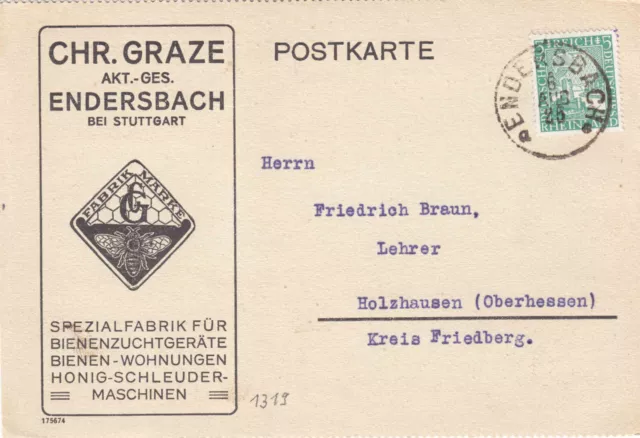 Endersbach  ==  CHR. GRAZE  ==  Postkarte 1925  ==  Imkerei