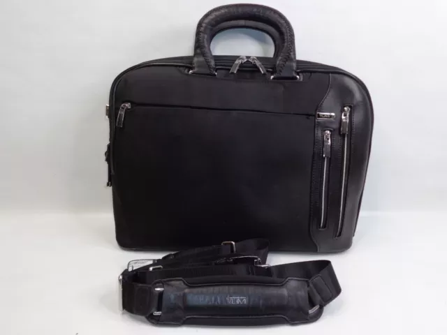 Tumi Arrive Slim Briefcase Messenger Computer Bag Leather Nylon Black