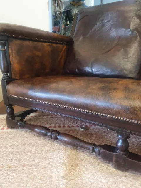 Rare antique / vintage leather and stud 2 seat sofa