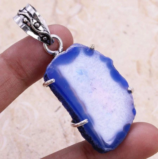 Alluring Slice Agate 925 Silver Plated Handmade Pendant of 2" Ethnic Gift