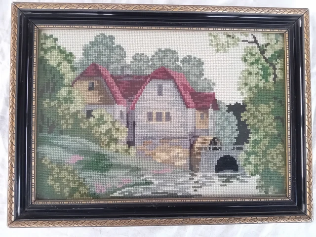 Grand Tableau Canevas « Oiseau de Paradis stylisé» cadre bois doré, vintage 1970