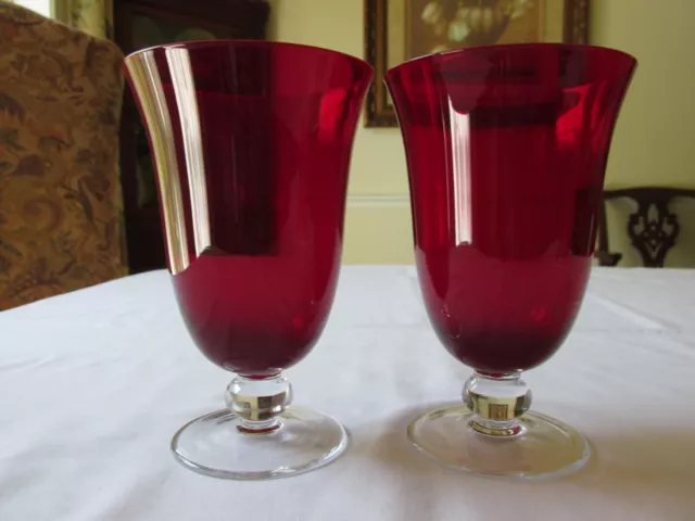 Set 2 Lenox Crystal HOLIDAY GEMS Ruby Red Wine Glasses w/Clear Ball Stem 6 3/4"