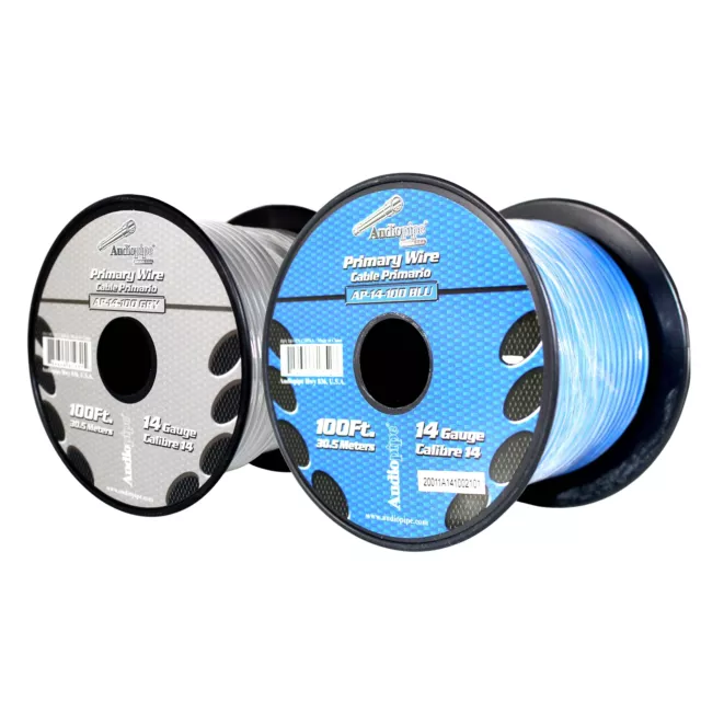 Bote de cable remoto de alimentación a tierra primaria Audiopipe (2) 14ga 100 ft CCA azul/gris