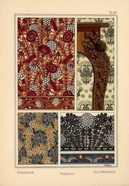 Décoration Art Nouveau Pissenlit J Milesi La Plante Grasset Lithographie XIXe