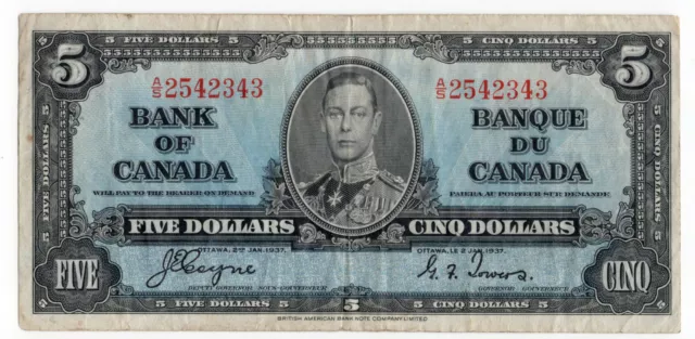 Bank of Canada 1937 $5 Five Dollars Note Coyne-Towers A/S Prefix VF+