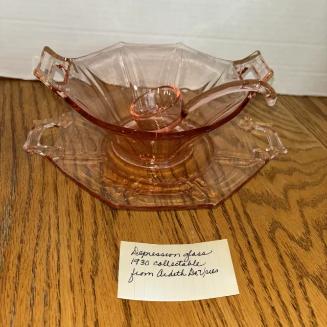 Vintage Imperial Pink Depression Glass Serving Bowl W/Handles Platter & Dipper