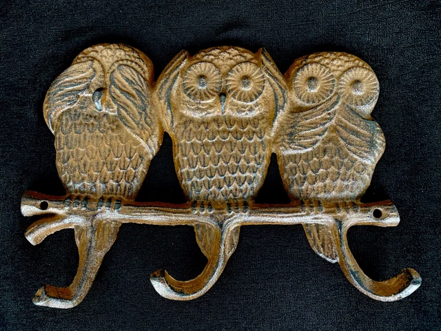 Vintage Style Cast Iron Owl Wall Hooks See, Hear and Speak no Evil