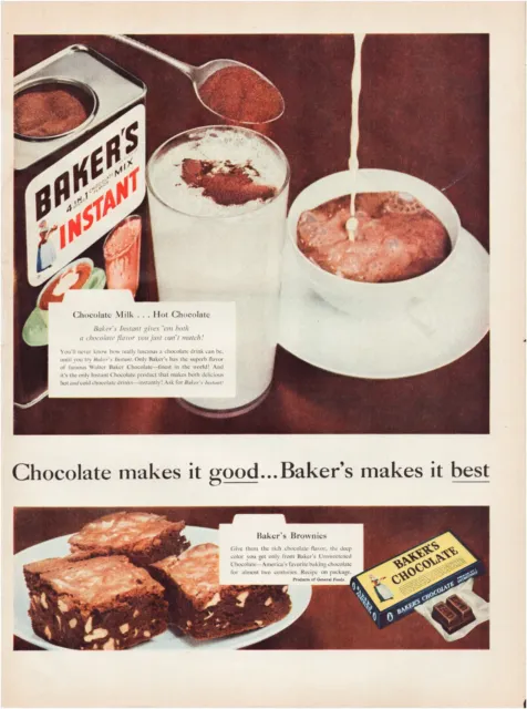 Print Ad Bakers Chocolate 1955 Hot Cocoa Full Page Large Magazine 10.5"x13.5"