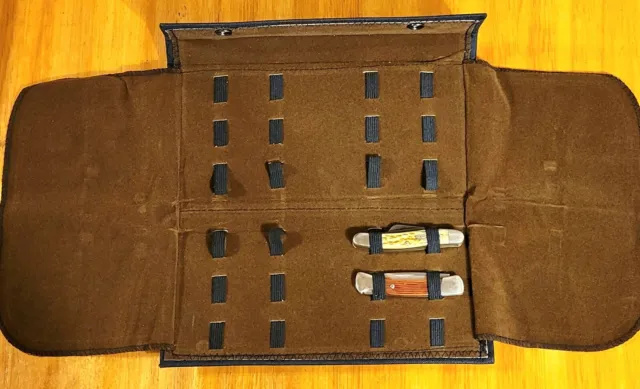 Pocket Knife Storage Case Holds Up To 12 Knives Black Snaps Brown Velvet Lining