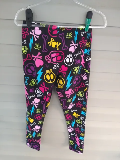 NWTS Skulls, Hearts, Floral, Bones Print Girls Size 7-9 Ankle Leggings Black 2