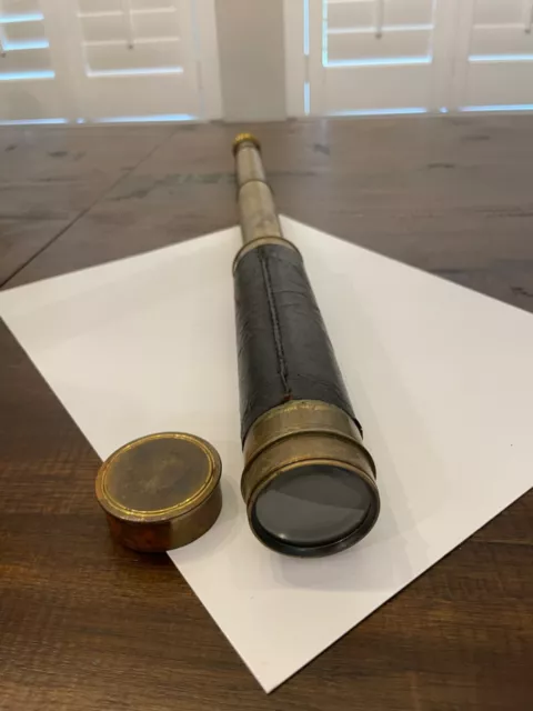 1800s antique three Draw Leather & Brass Spyglass Telescope with case
