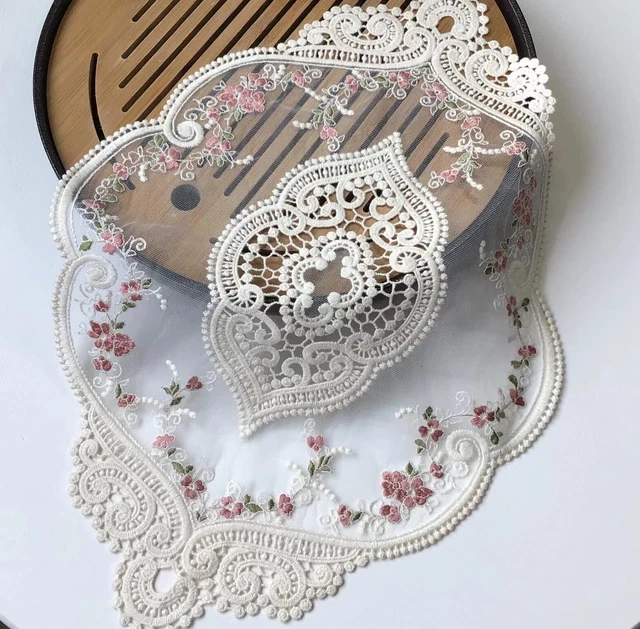 2pack Vintage Oval Lace Table Placemats , Exquisite Flower Embroidered Doilies