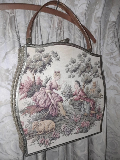 Vtg 50s 60s French Court Tapestry Embroidered Metal Box large Gold Bag Purse 3D