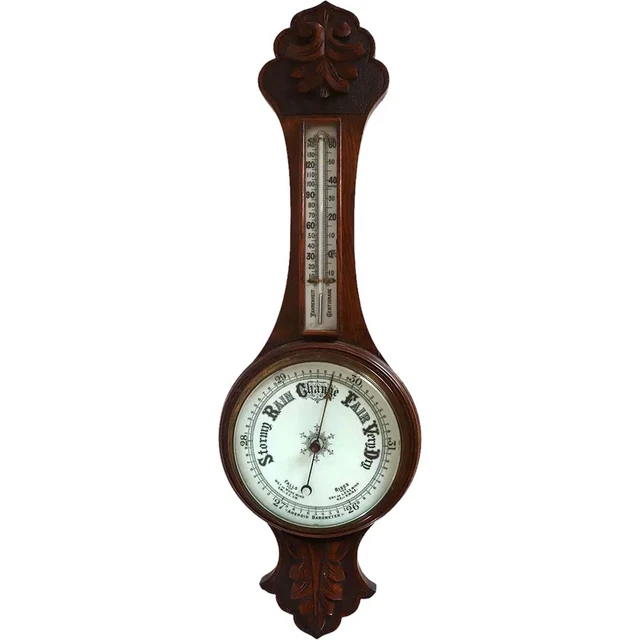 1880's English Oak, Brass, Porcelain and Glass Aneroid Wheel Barometer