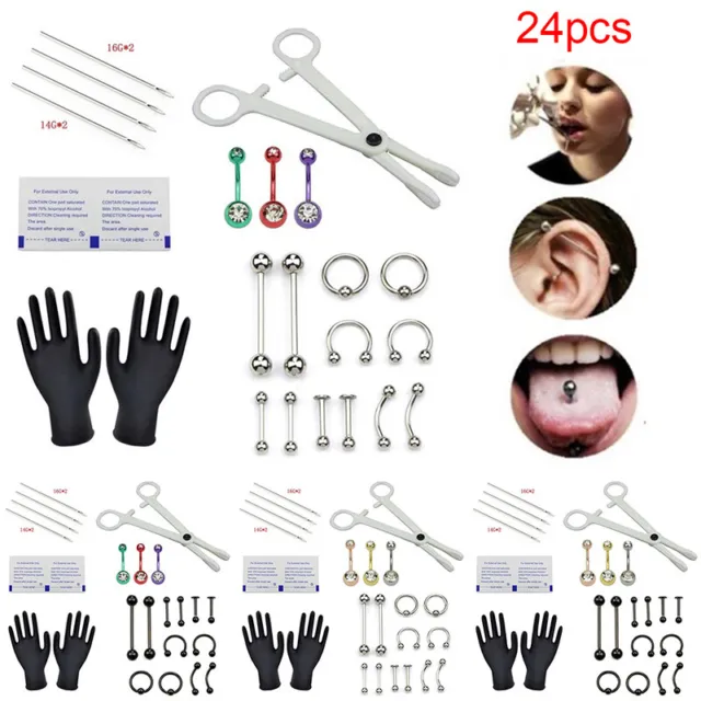 24pcs Professional Body Piercing Tool Kit Ear Nose Navel Nipple Needles Set J~m'