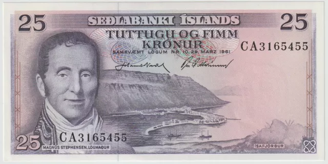 Iceland 25 Kronur Banknote 1961 Choice Uncirculated Cond Pick#39 "Harbor Town"