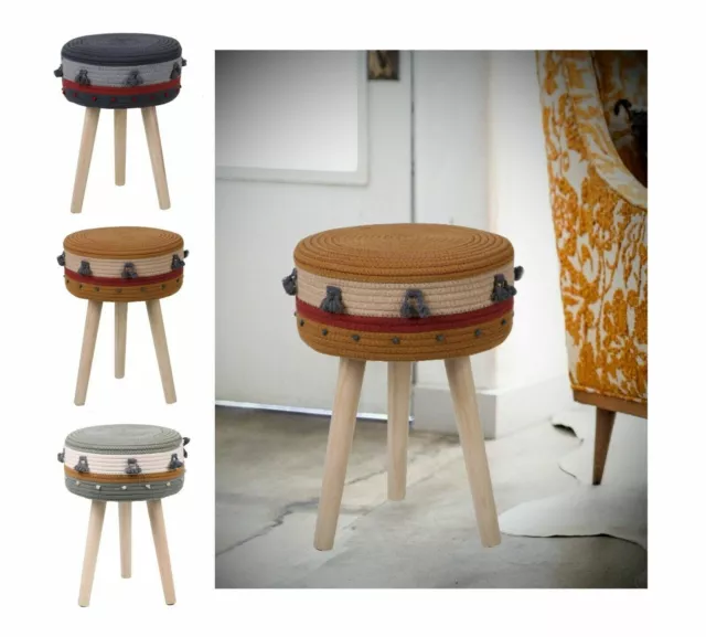 Stool Foot Rest Ottoman Chair Pouffe Round Cotton Rope Wooden Legs Furniture
