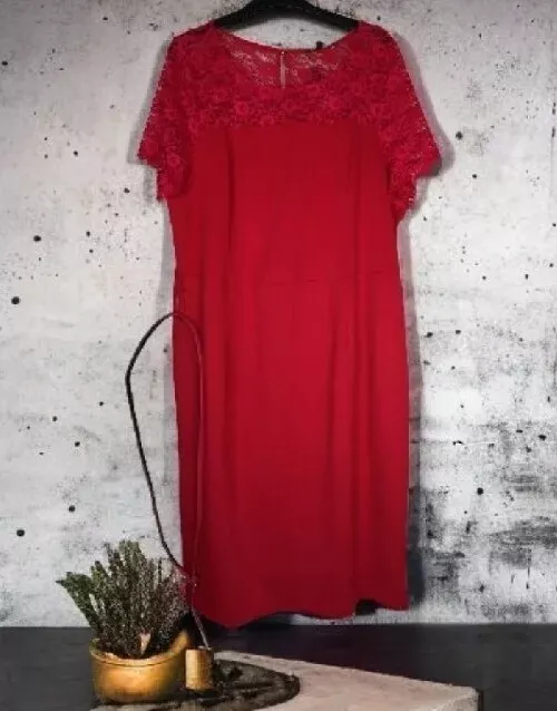 BON MARCHE SPECIAL Occasion Dress Size 24 Red Lace Trim Stretch