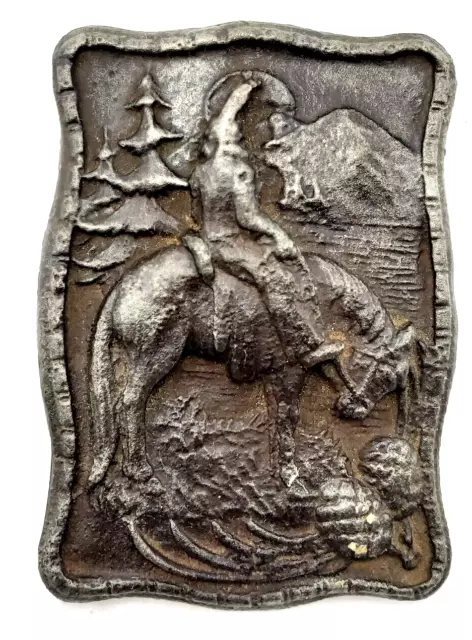 Lid From Metal Box-Antique - Depicts Lone Native on Horse In Mountains