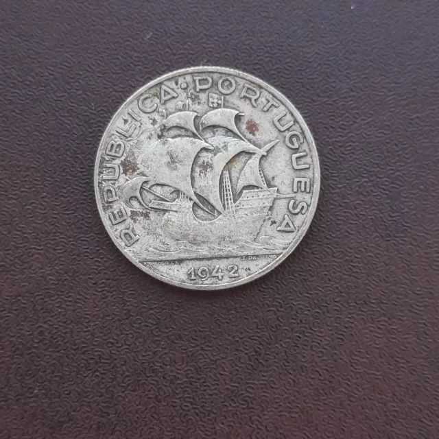 Moneda De 5 Escudos De Portugal Del Año 1942.De Plata.(Carabela) Original%