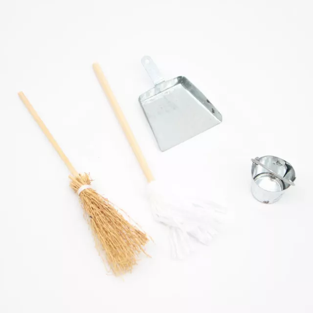 4PC 1:12 Scale Dollhouse Miniatures Dustpan Broom Cleaning Tools Kit Handmade