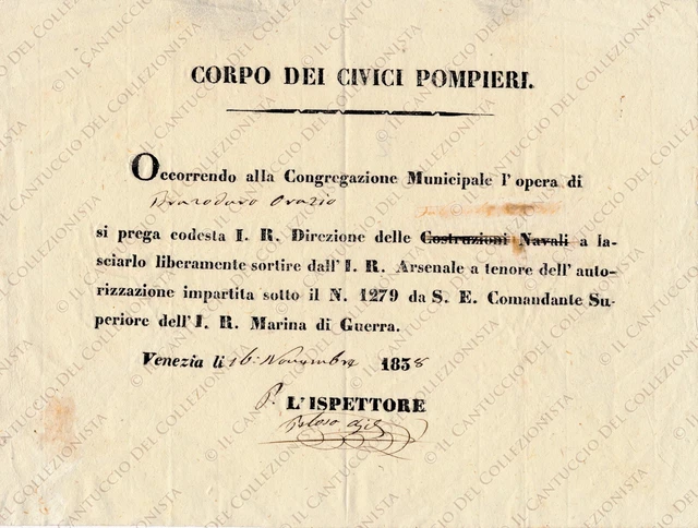 1838 VENEZIA Corpo Civici Pompieri Arsenale autorizzazione Marina guerra