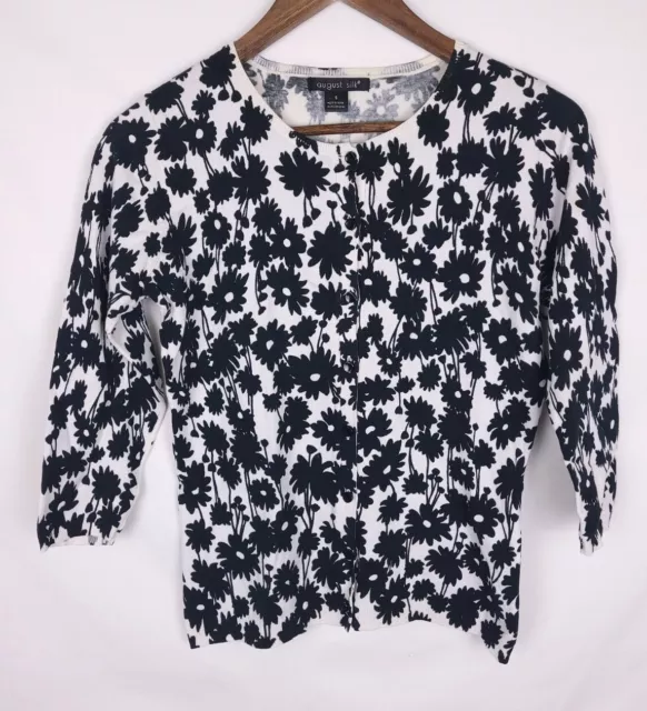 August Silk Black White Floral Button-Up Knit Sweater Top 3/4 Sleeve -Size Small