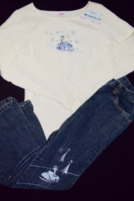 Girls Gymboree Apres Ski Outfit 3 pc Set Size Sz 9 Blue Shirt Pants Jeans Scarf