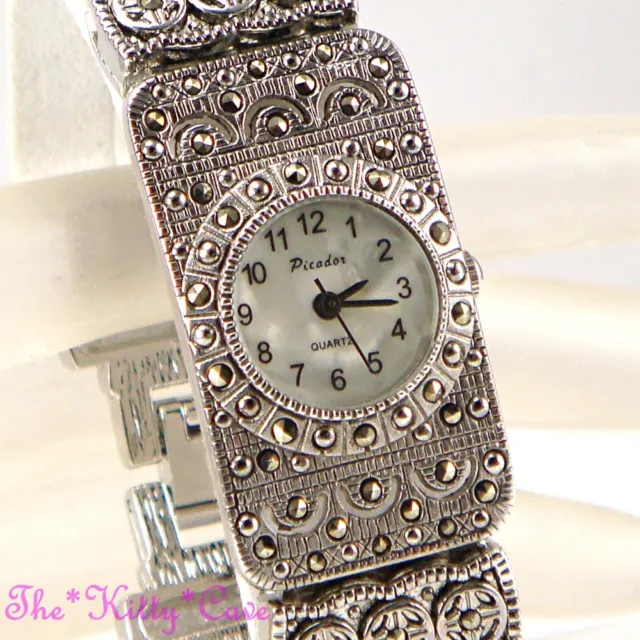 Silver Chic Victorian Deco Baroque Gothic Regency Marcasite Chain Bracelet Watch