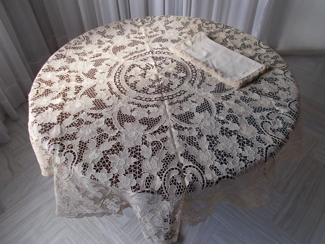 67" redondo hecho a mano estilo veneciano encaje de aguja, mantel de encaje...