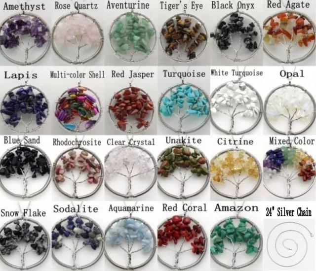 Newest Natural Gemstone Amethyst Chakra Healing Tree of Life Pendant Necklace