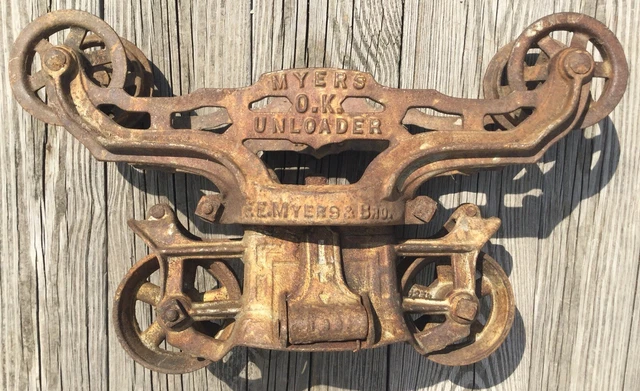 Old Vtg Antique Hay Trolley Carrier Myers Ok Unloader Pulley Iron Farm Barn Tool