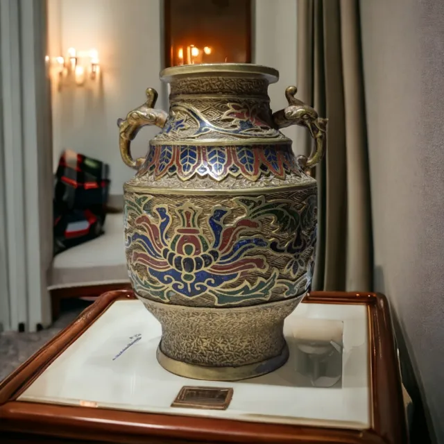 Vintage Japanese Champleve Bronze Double Handle Dragon Enamel Detail Vase Or Urn